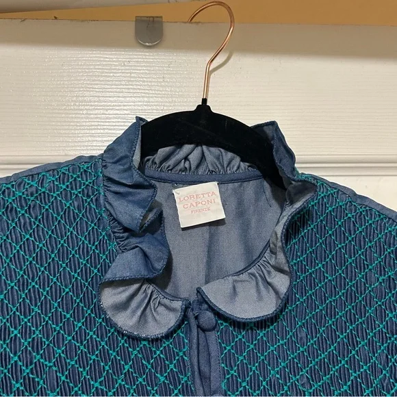 Loretta Caponi Elegant Blue Maxi Dress MockNeck Ruffle Designer Quiet Luxury Med - Picture 4 of 14